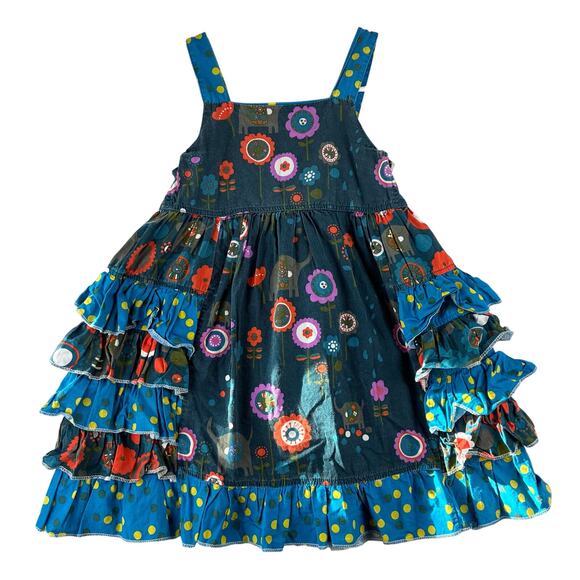 Jelly The Pug Ruffle Tank Dress Girls 4 Blue Floral Polka Dot Elephant Whimsical - Picture 1 of 9